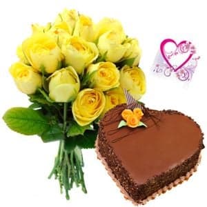 Yellow Roses n Heart Shape Cake